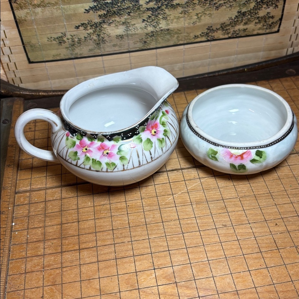 Hand Painted Japan Creamer and Small Bowl w Azaleas Dots Dark Border Coordinated